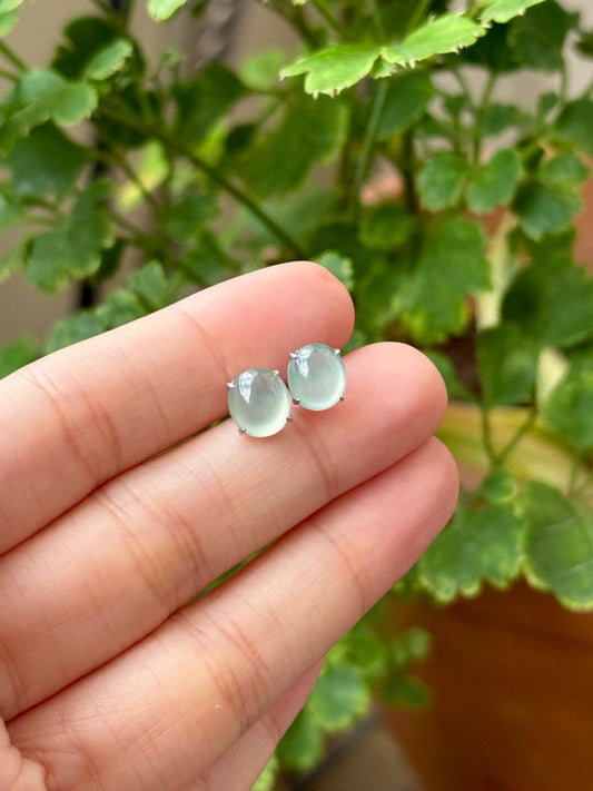 18K Glowy Light Bluish Green Oval Earrings