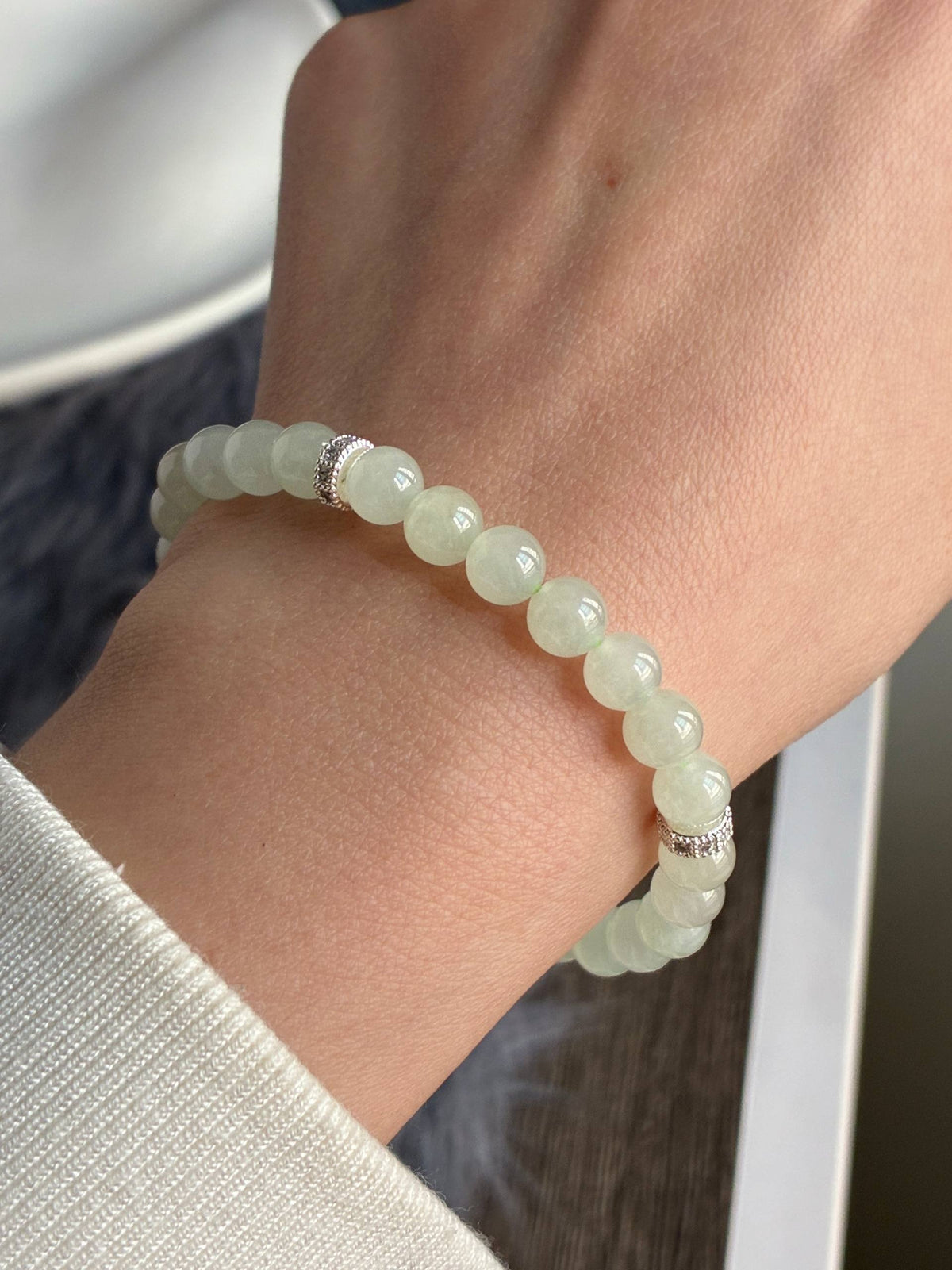 6.4mm Icy Jadeite Bracelet in Faint Green