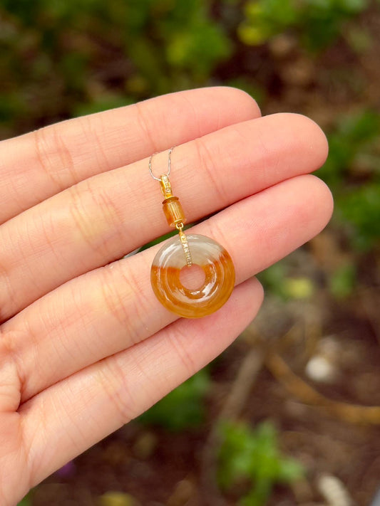18K Icy Half Red Jadeite Donut Pendant