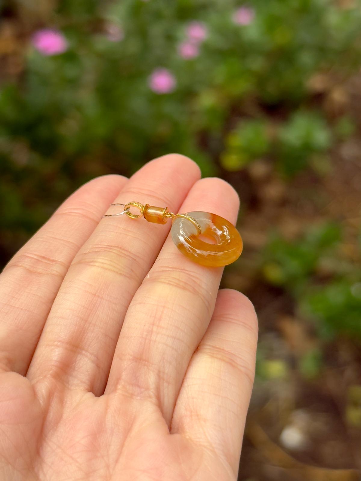 18K Icy Half Red Jadeite Donut Pendant