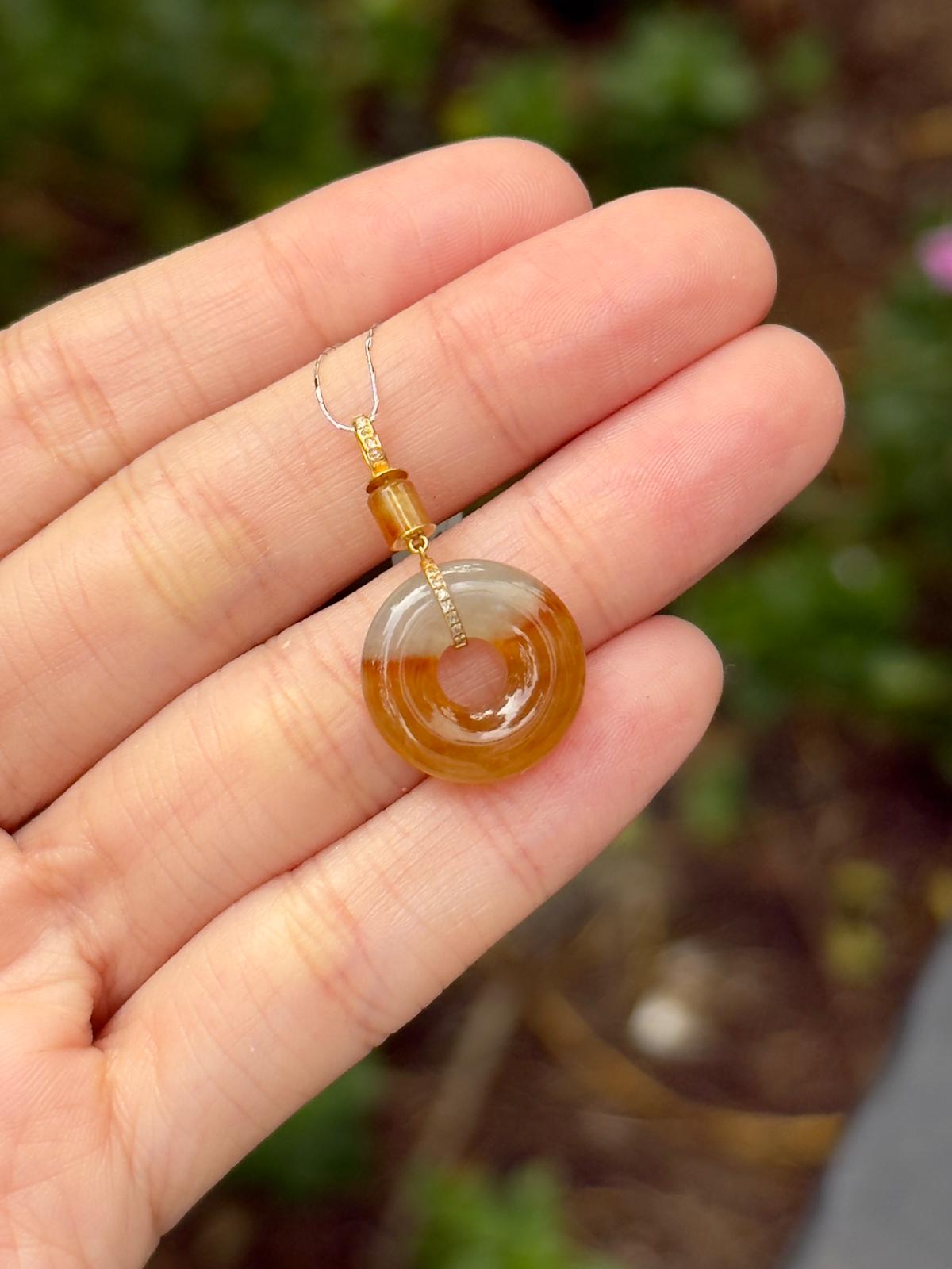 18K Icy Half Red Jadeite Donut Pendant