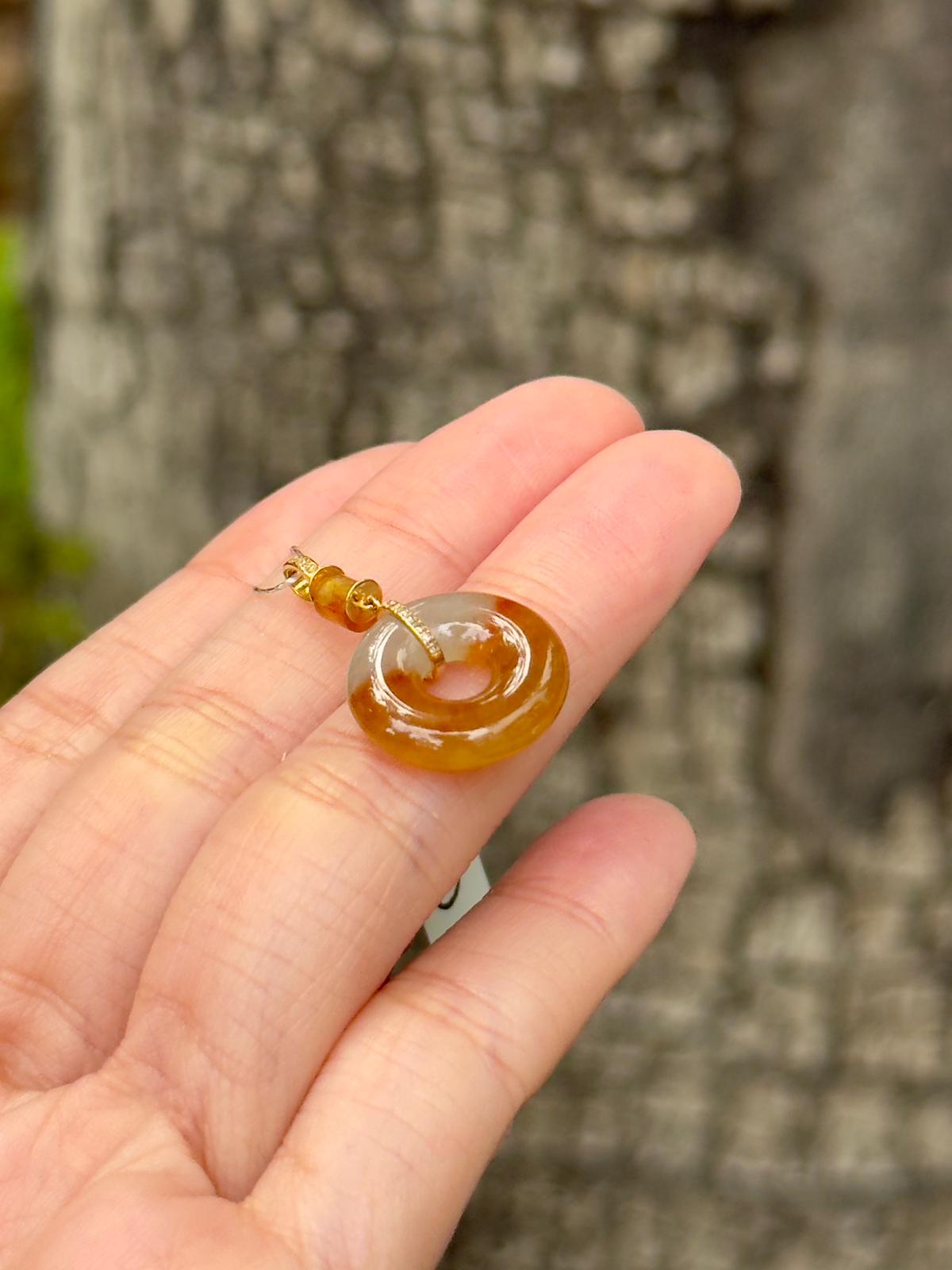 18K Icy Half Red Jadeite Donut Pendant