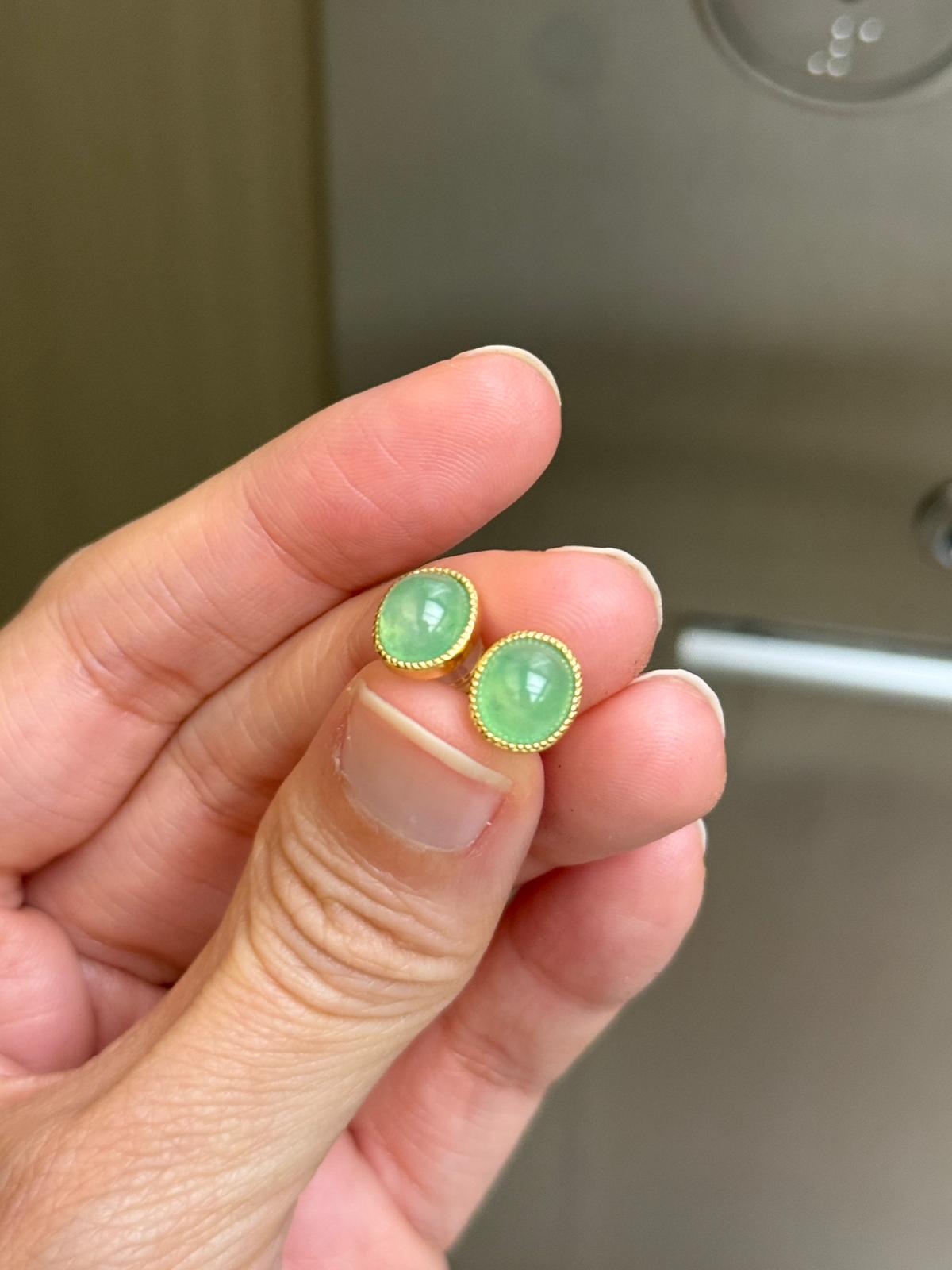 18K Glowy Light Apple Green Oval Earrings (Highly Translucent!)