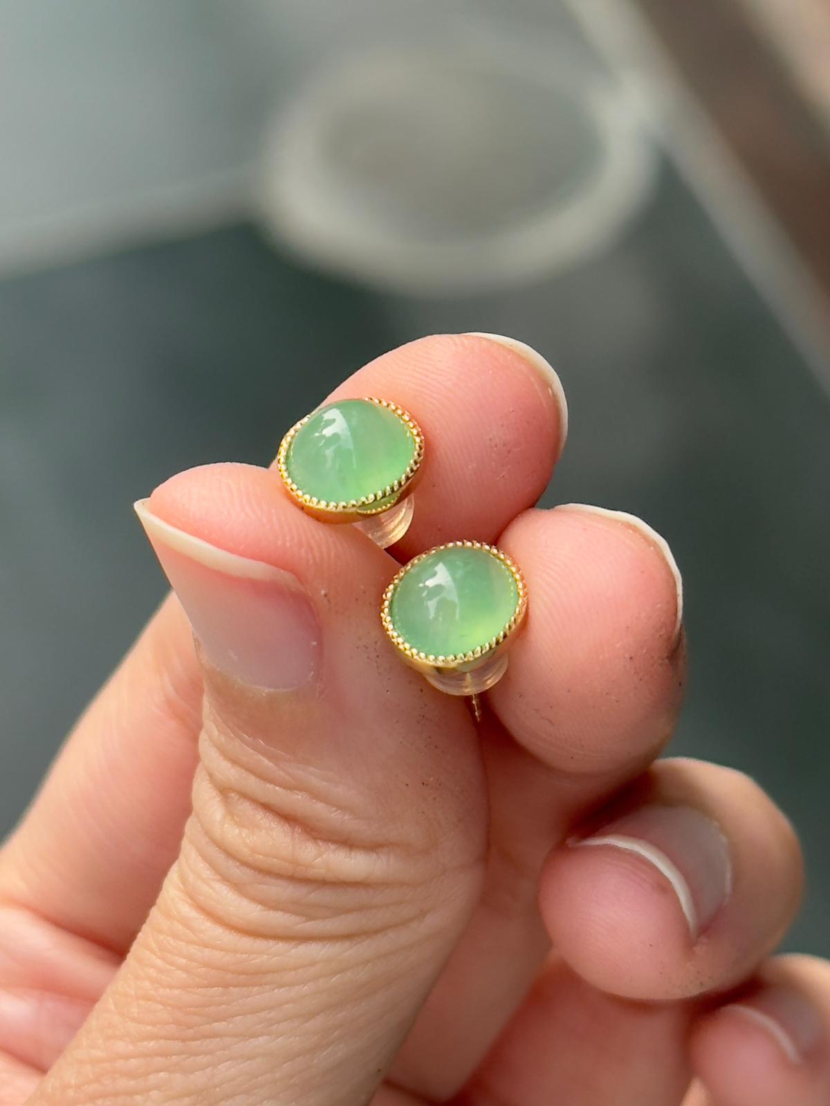 18K Glowy Light Apple Green Oval Earrings (Highly Translucent!)