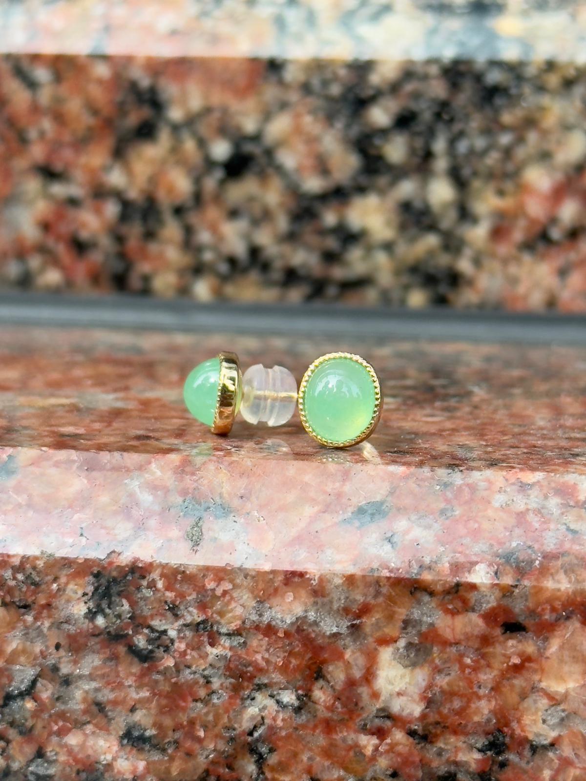 18K Glowy Light Apple Green Oval Earrings (Highly Translucent!)