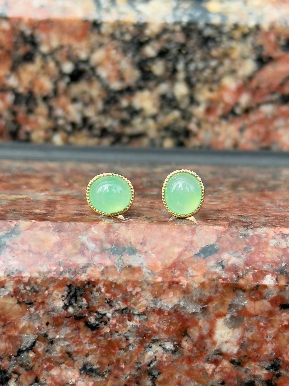 18K Glowy Light Apple Green Oval Earrings (Highly Translucent!)