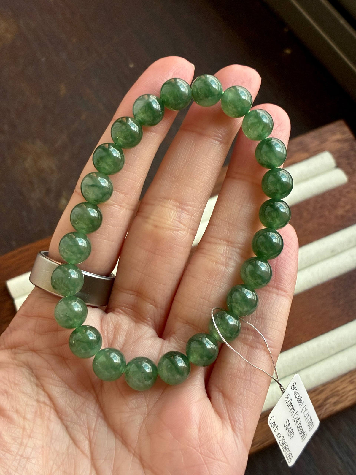 8.0mm Icy Oil Forest Green Jadeite Bracelet