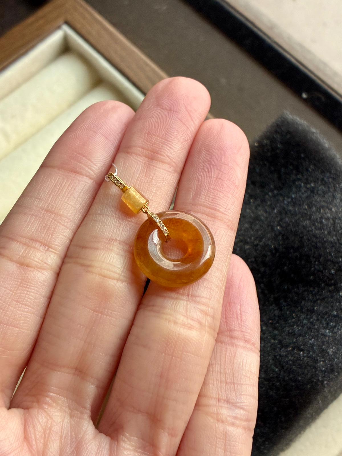 18K Icy Caramel Red Jadeite Donut Pendant