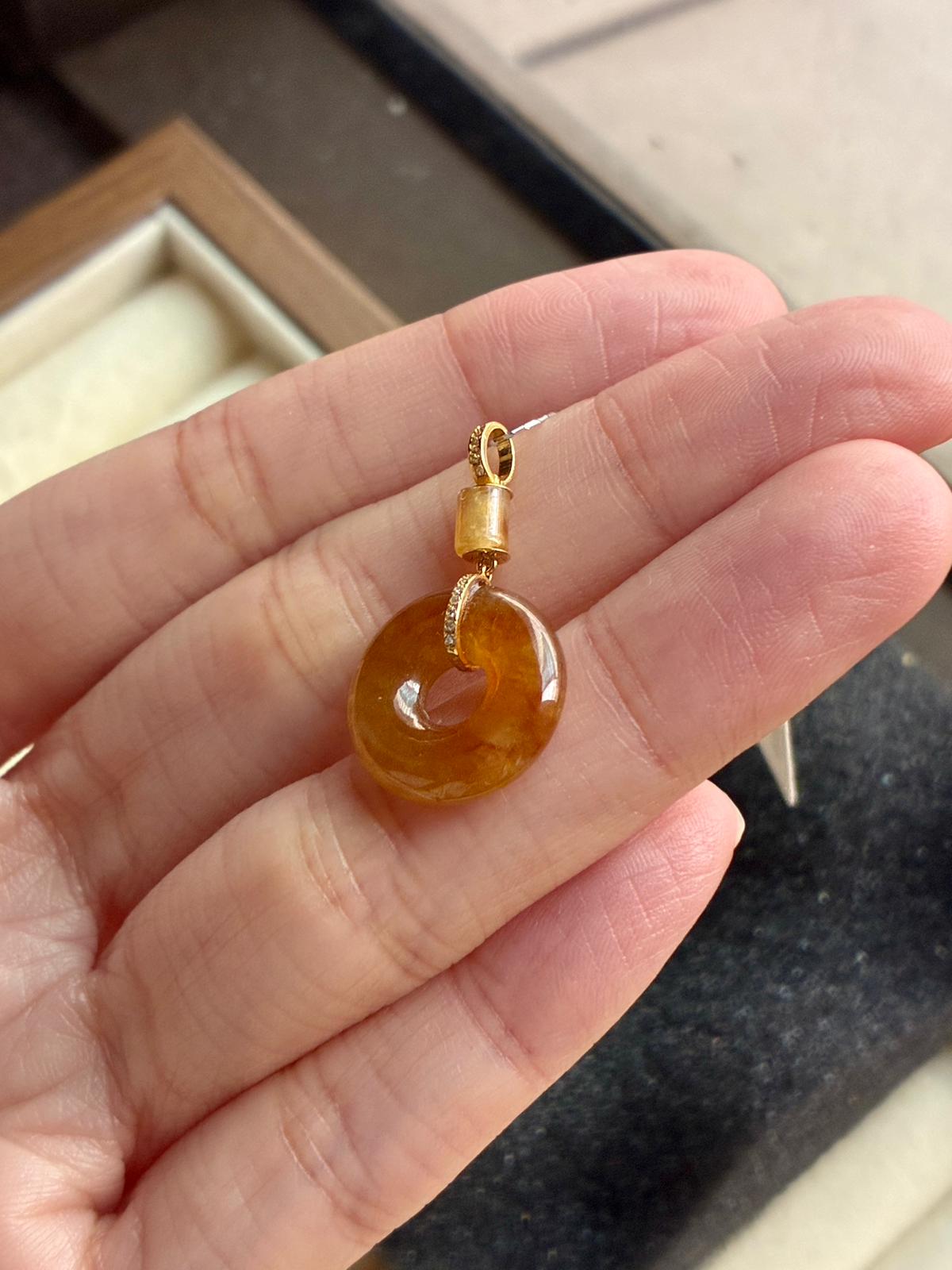 18K Icy Caramel Red Jadeite Donut Pendant