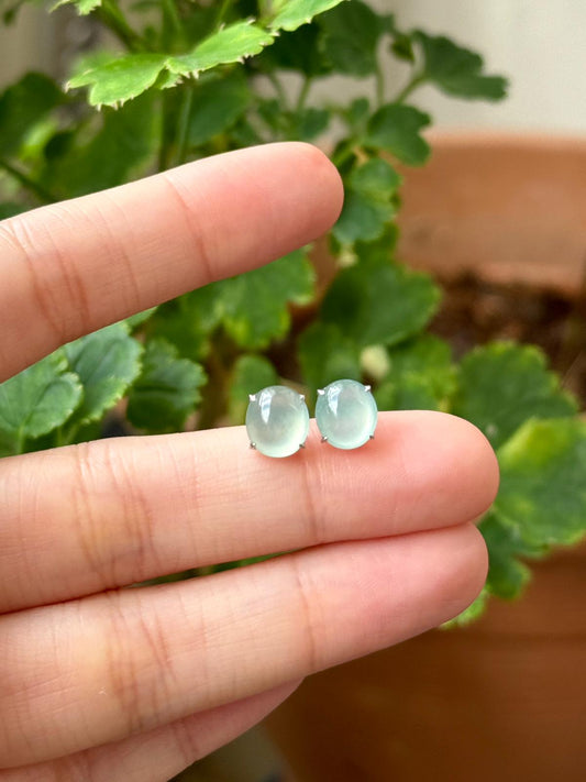 18K Glowy Light Bluish Green Oval Earrings