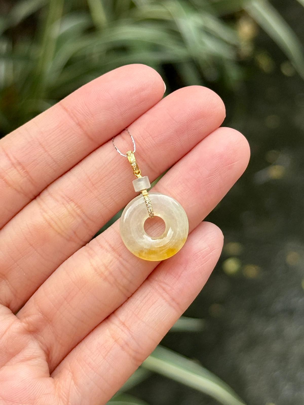 18K Icy Lemonade Jadeite Donut Pendant (Highly Translucent!)