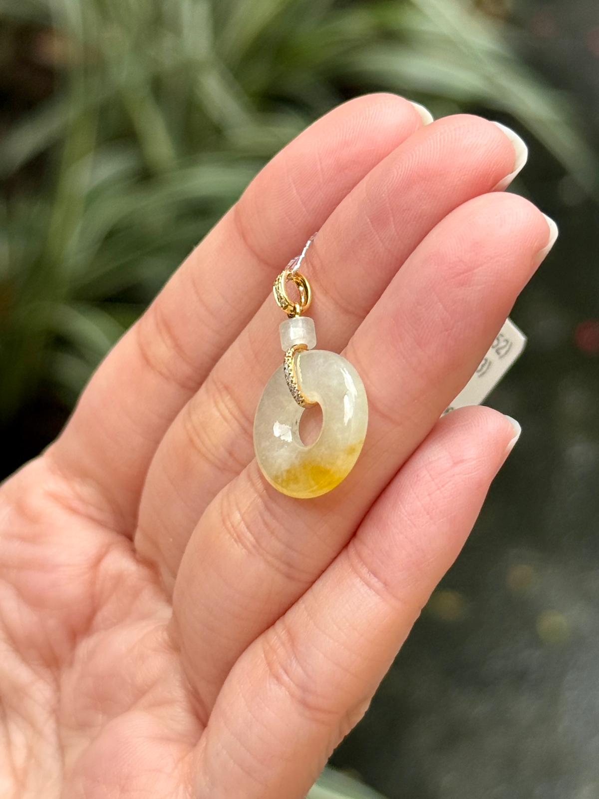 18K Icy Lemonade Jadeite Donut Pendant (Highly Translucent!)