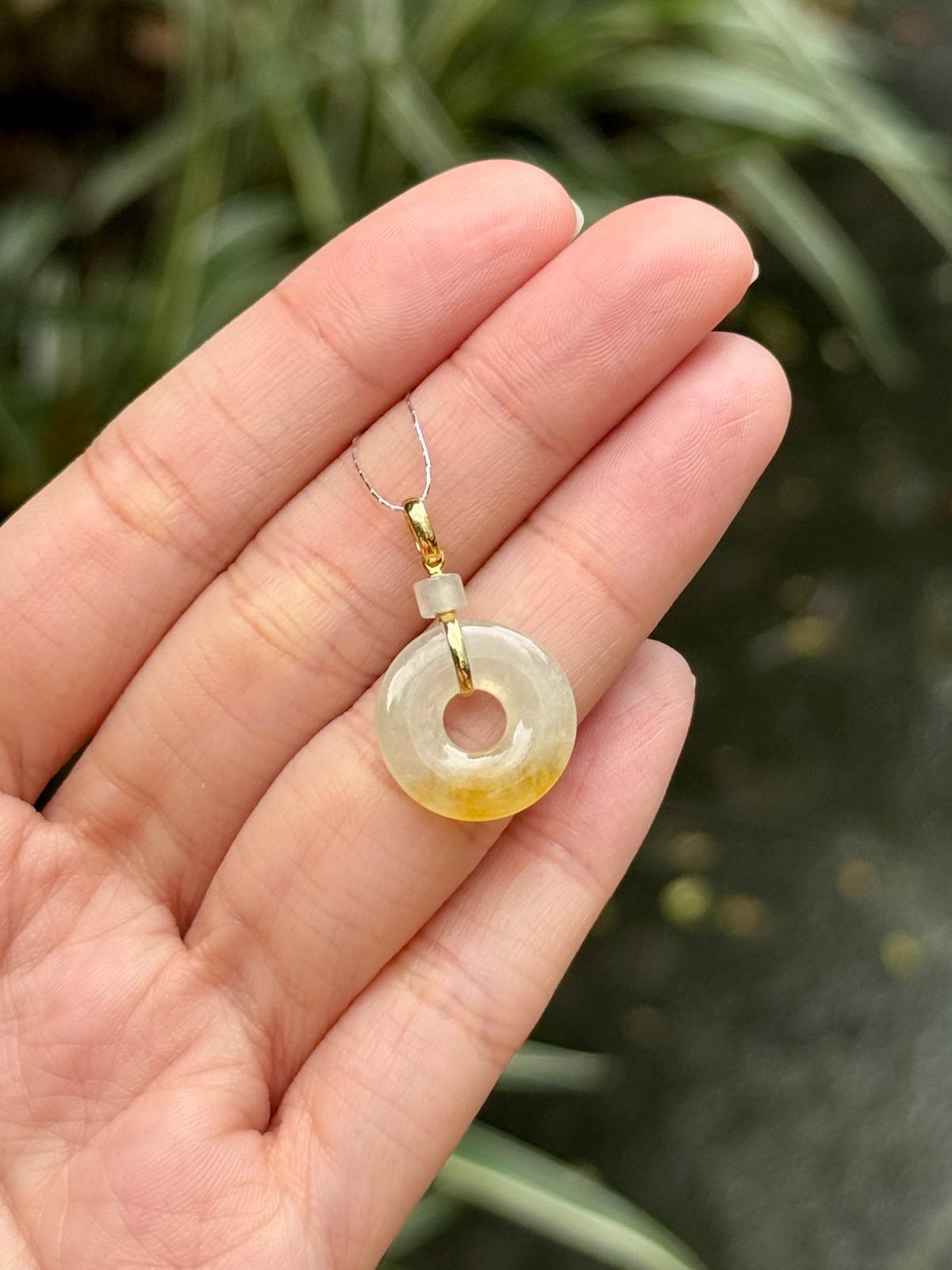 18K Icy Lemonade Jadeite Donut Pendant (Highly Translucent!)