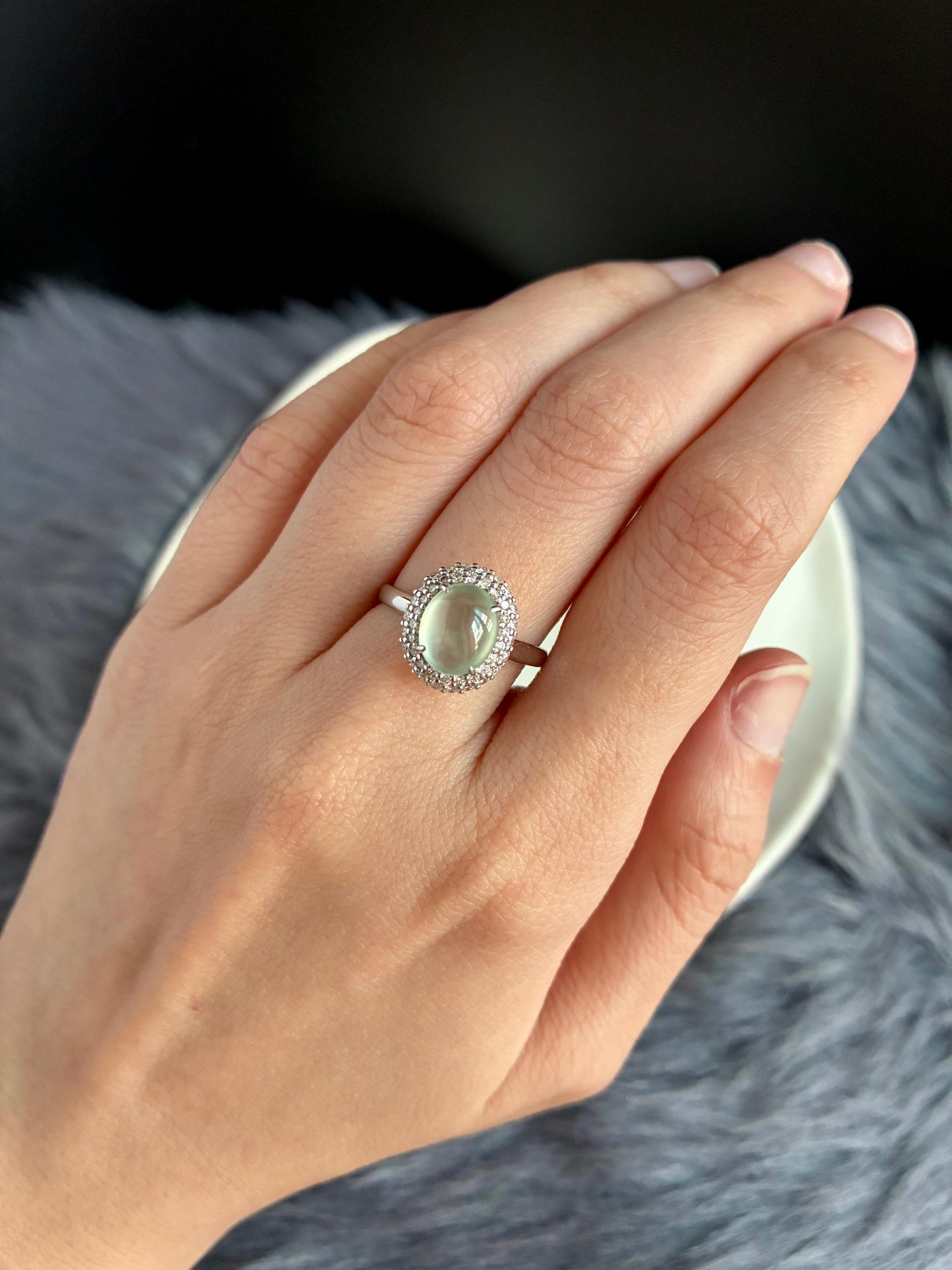 18K Icy Faint Green Double Halo Ring