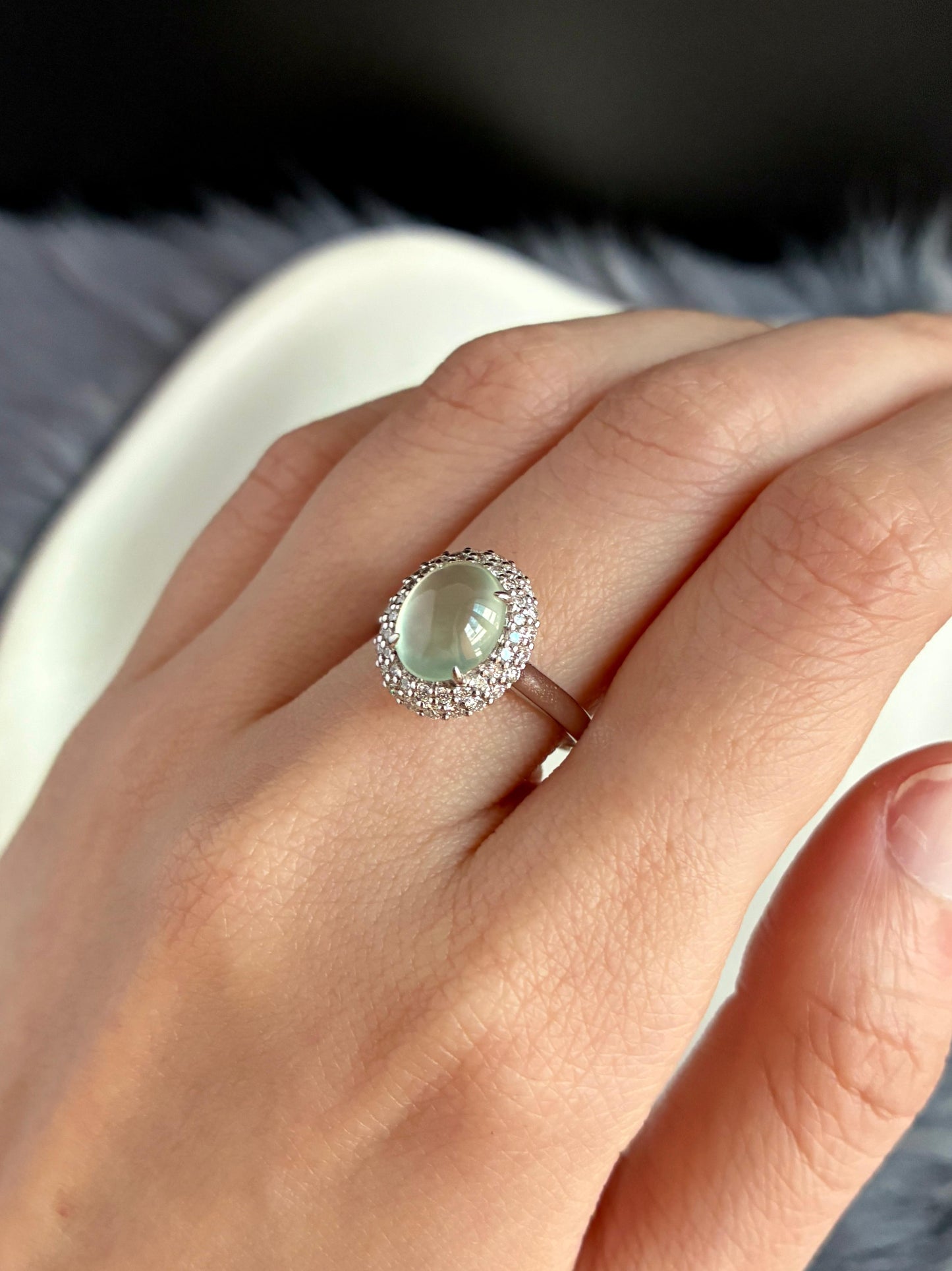 18K Icy Faint Green Double Halo Ring