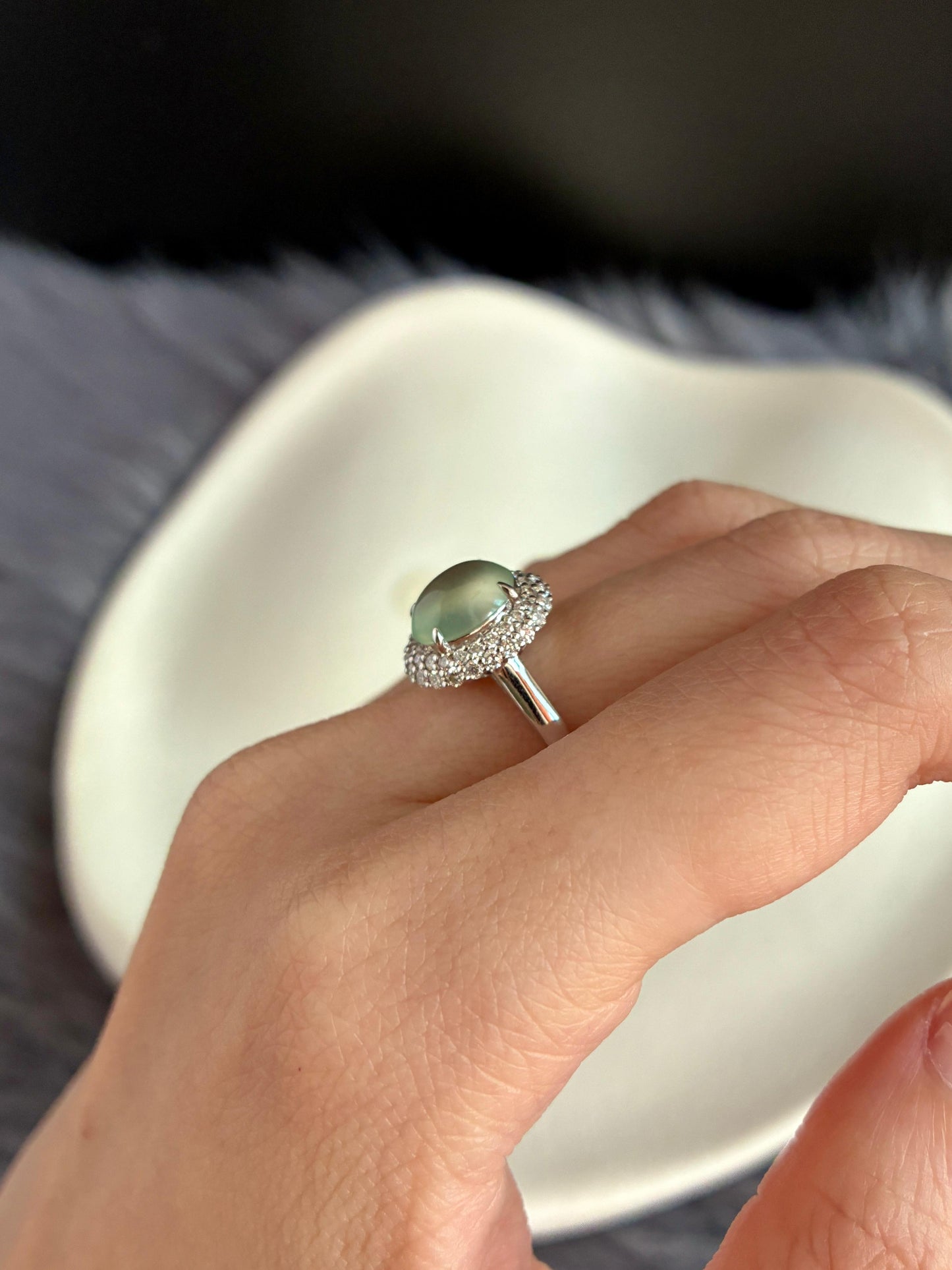18K Icy Faint Green Double Halo Ring