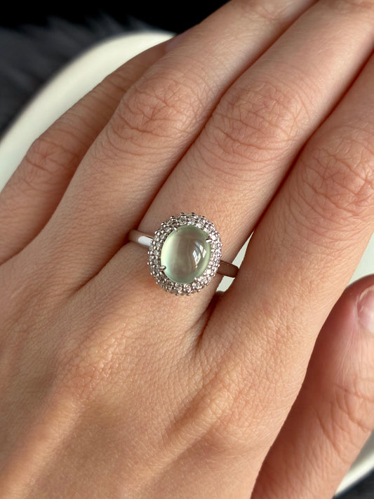 18K Icy Faint Green Double Halo Ring