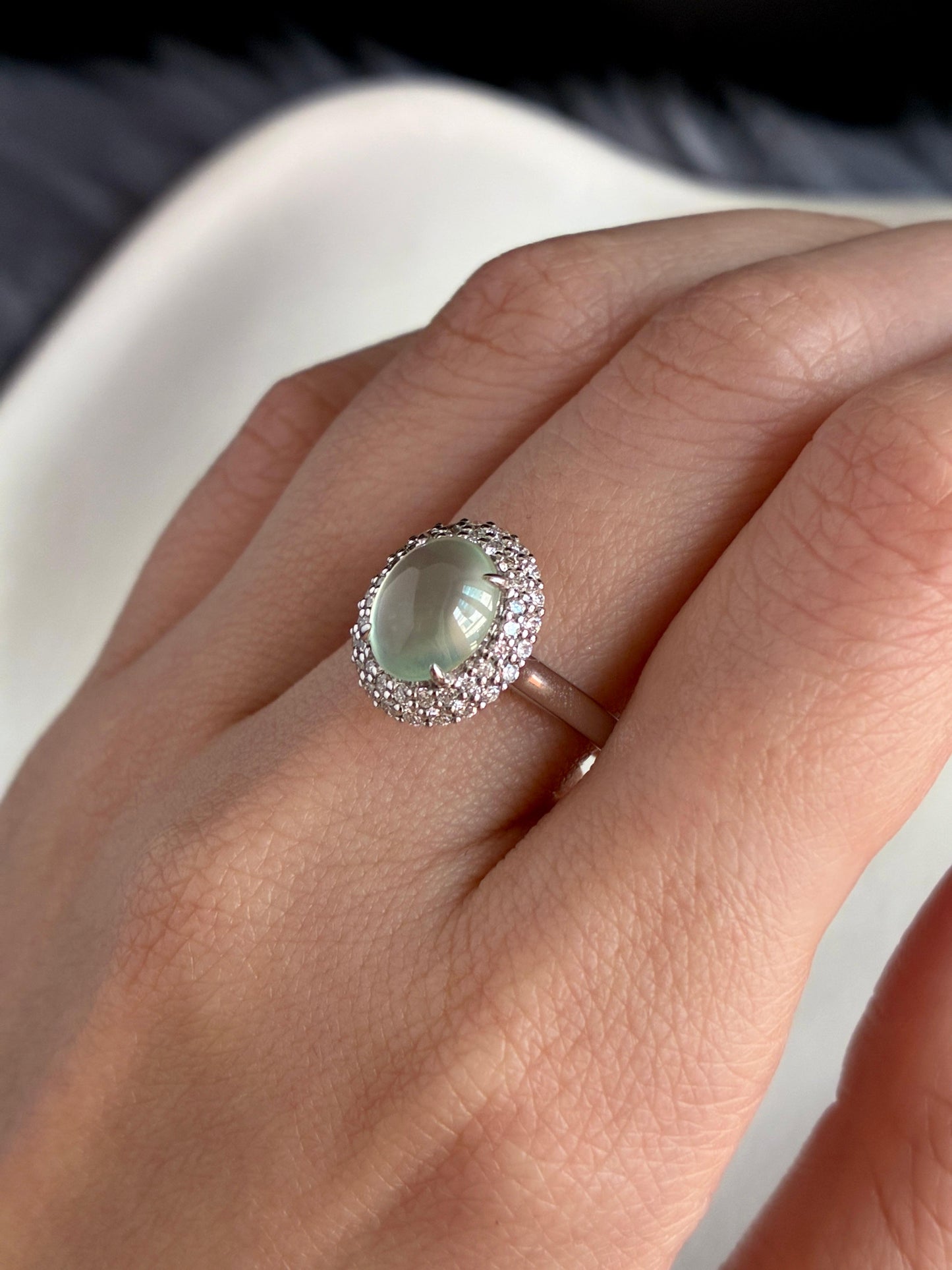 18K Icy Faint Green Double Halo Ring