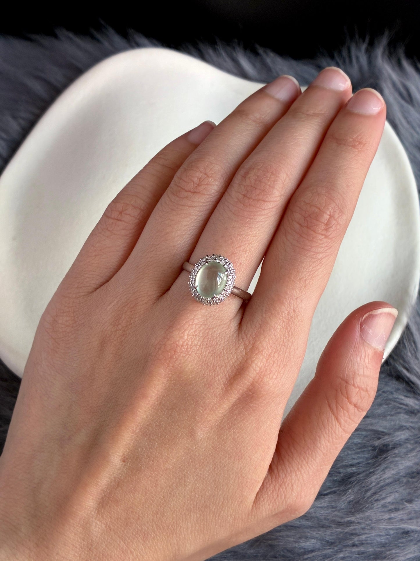18K Icy Faint Green Double Halo Ring