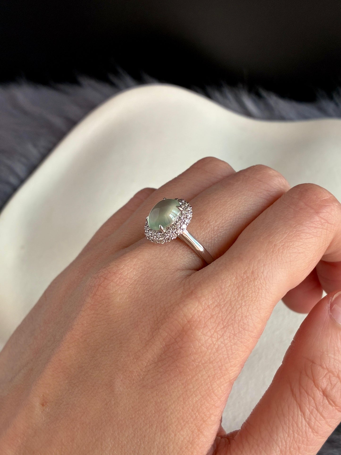 18K Icy Faint Green Double Halo Ring
