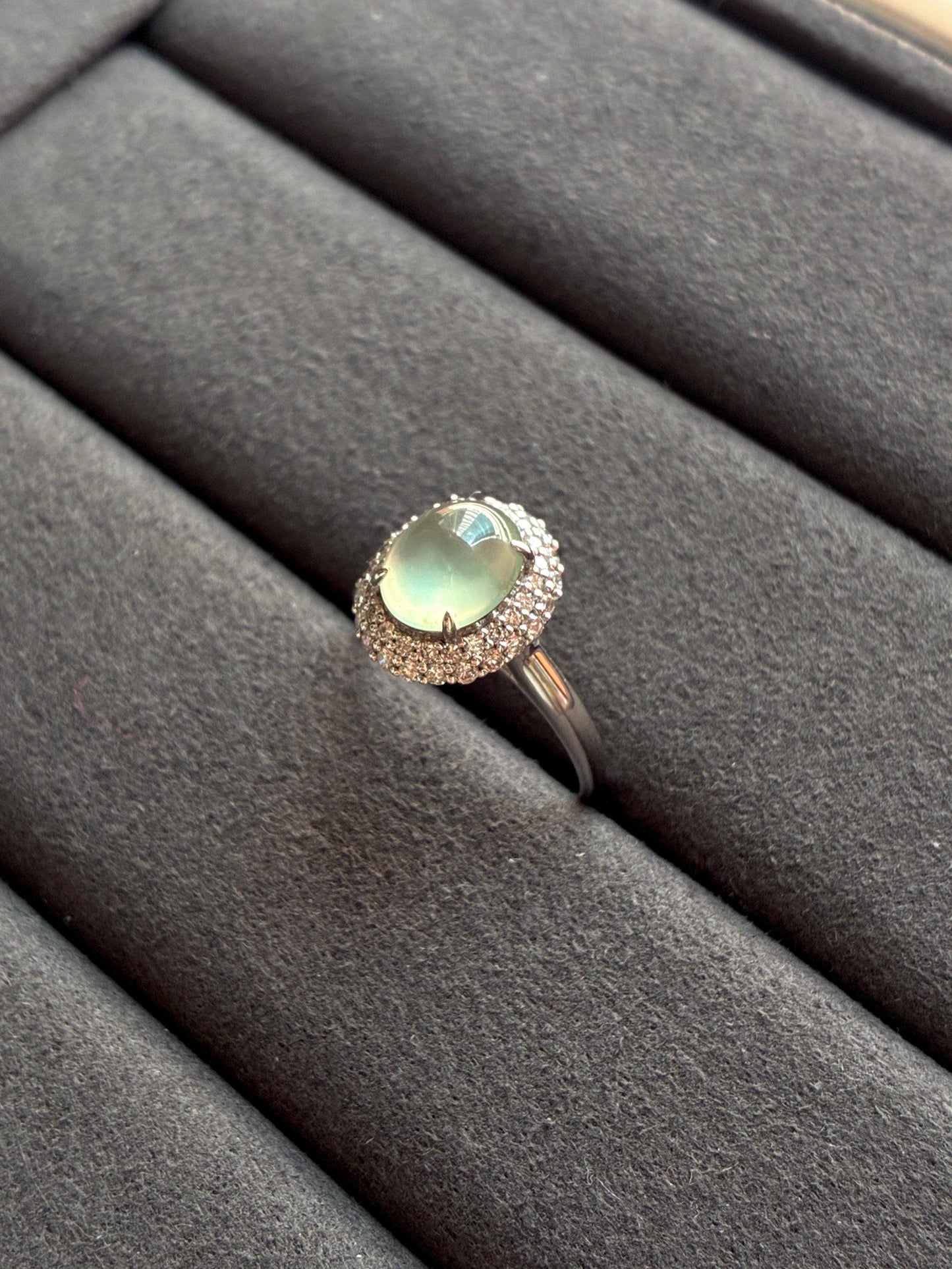 18K Icy Faint Green Double Halo Ring