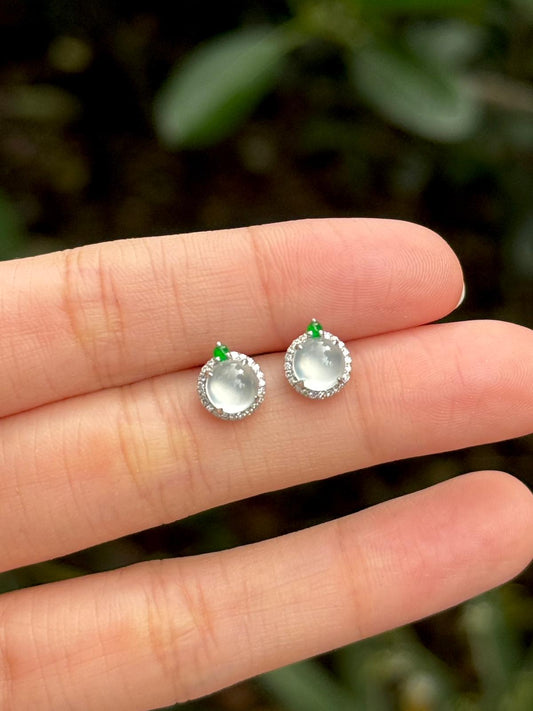 18K Round Halo Earrings with Green (Icy Variety)