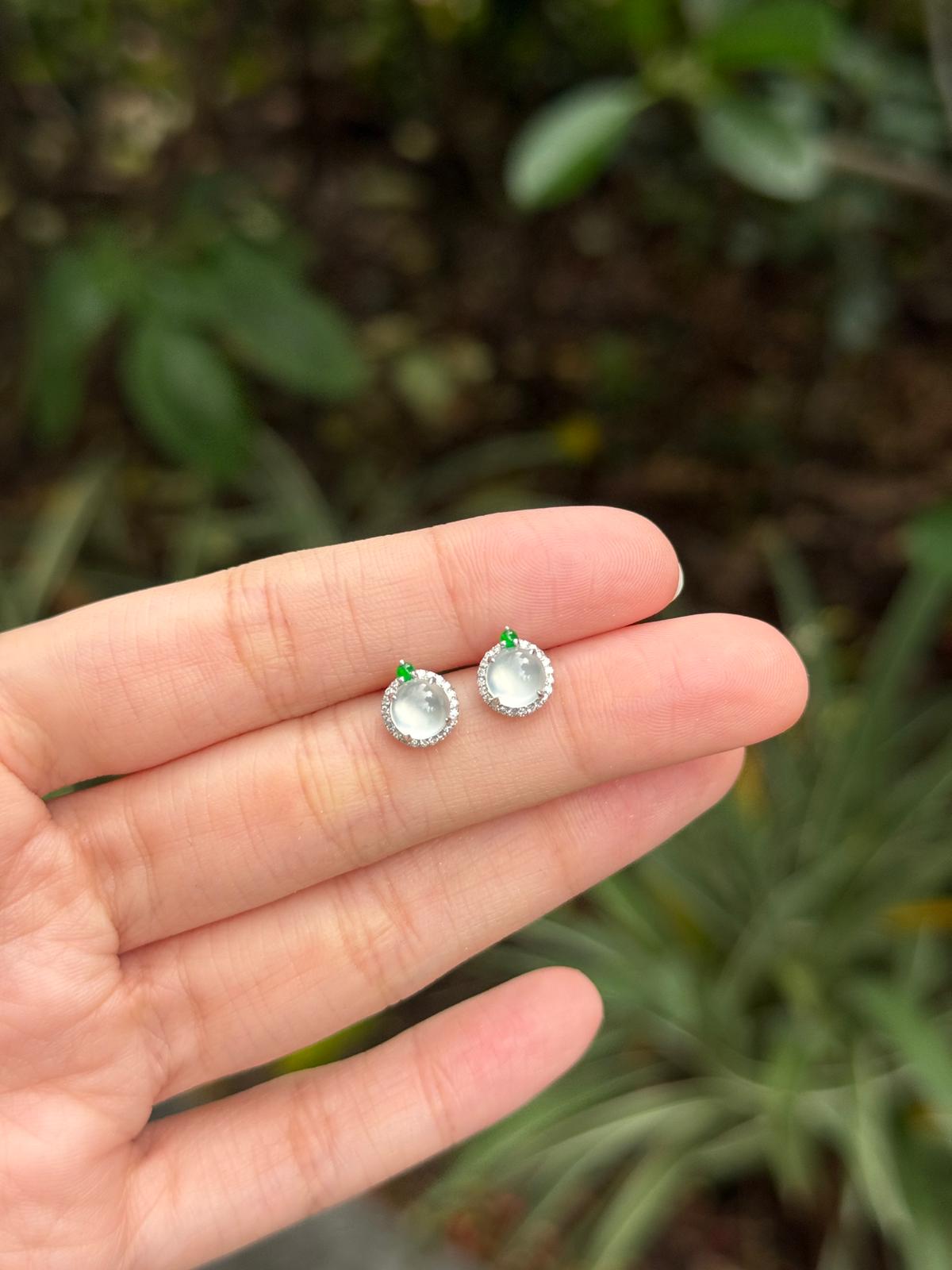 18K Round Halo Earrings with Green (Icy Variety)