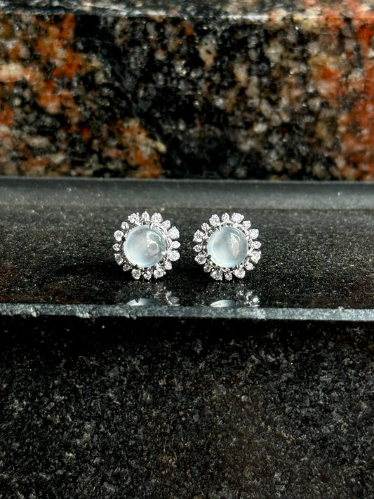18K Round Halo Earrings (Glassy Variety)